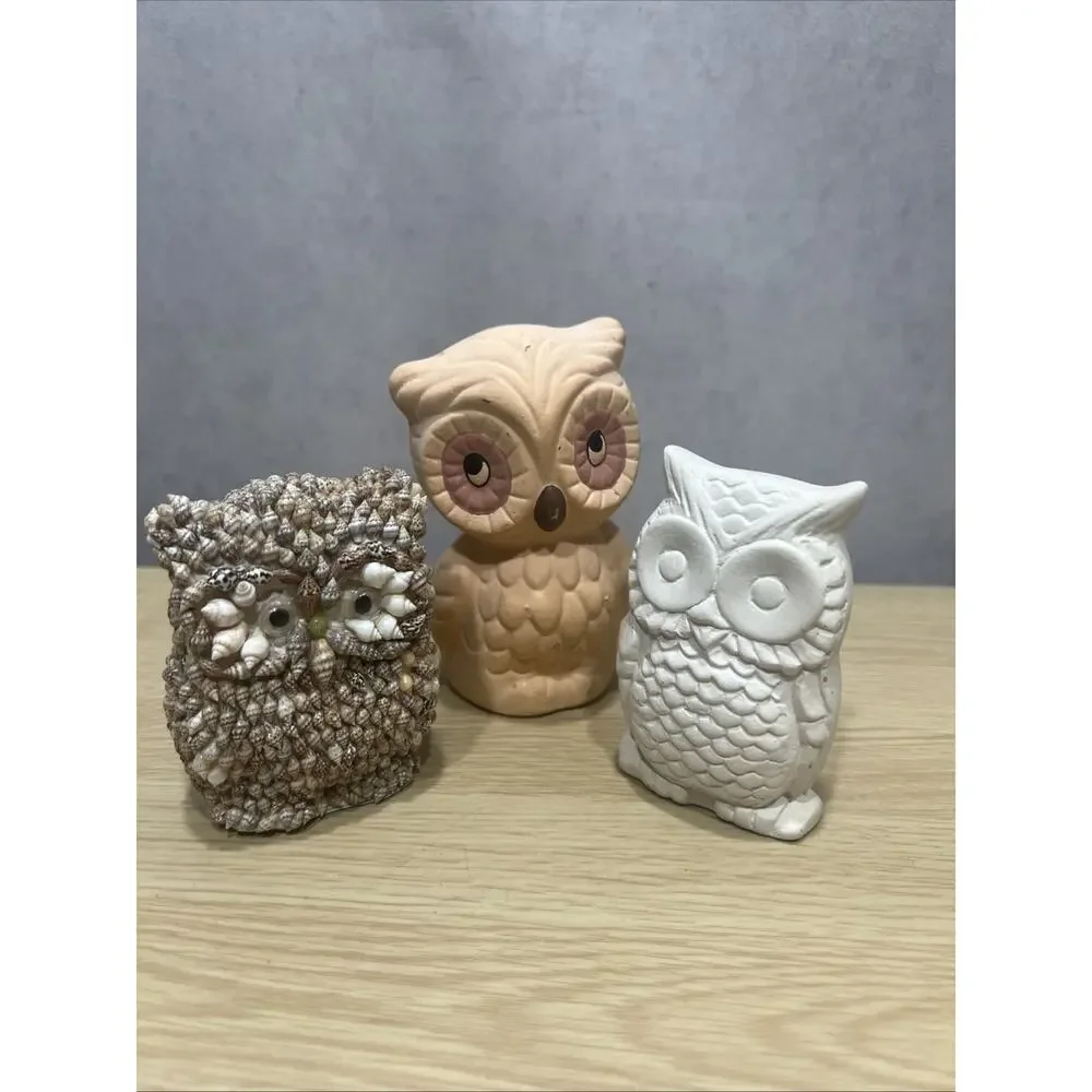 Vintage Sea Owls Shell /Chalk Folk Art Sculpture Owl Figurine Google Eyes Lot 3 - Picture 2 of 7